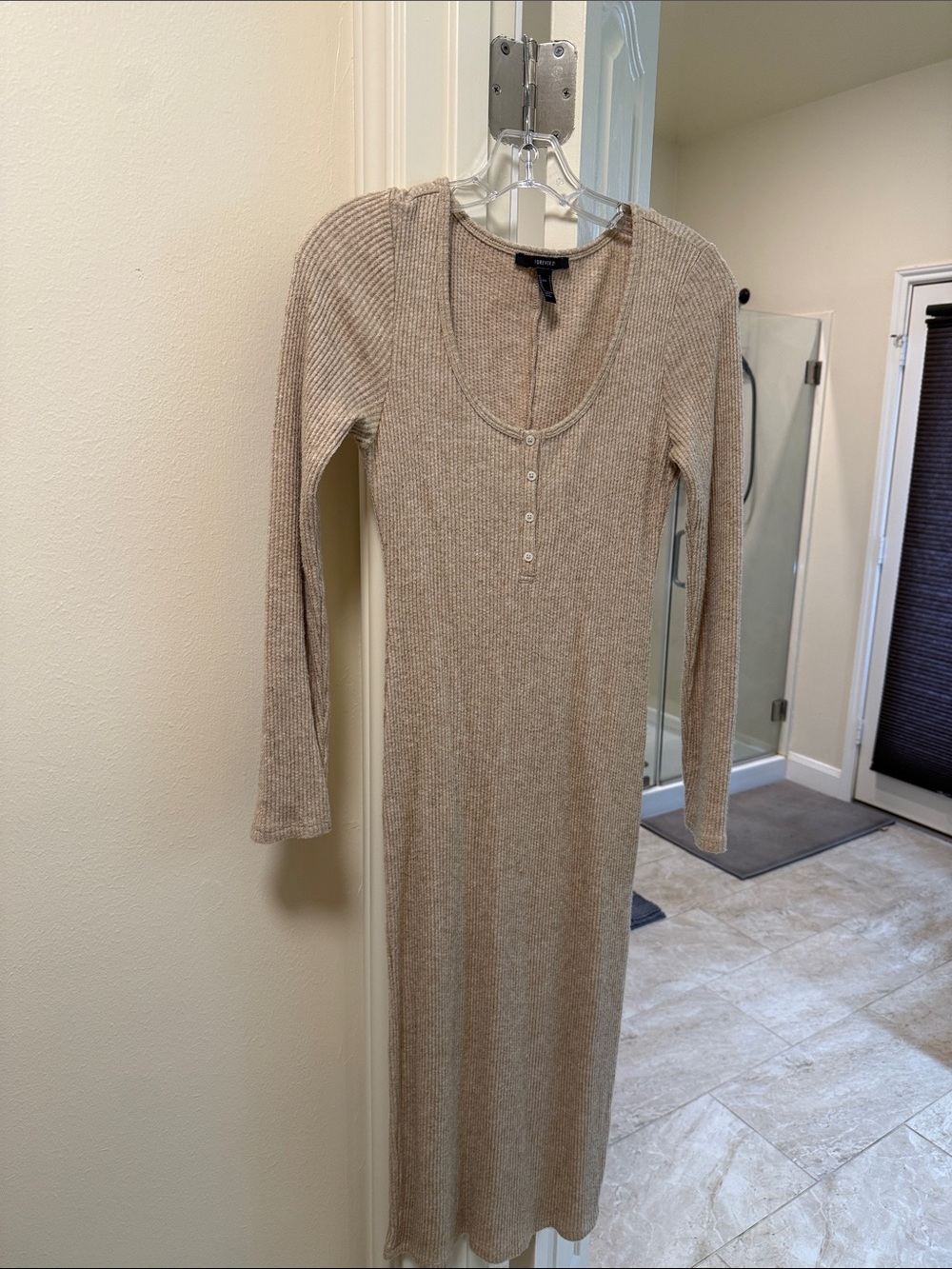 Forever 21 Beige Ribbed Long Sleeve Henley Maxi Dress